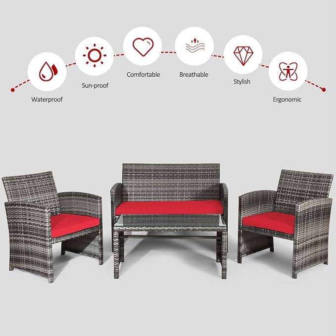 Tangkula 4 PCS Wicker Patio Conversation Set, Outdoor Rattan Sofas