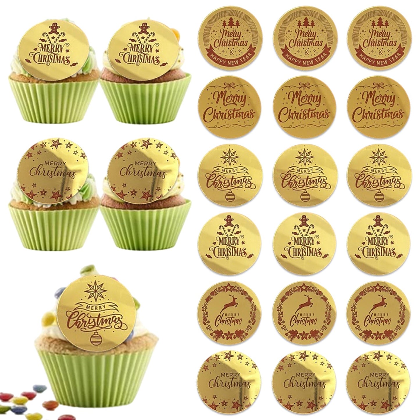 18 Pcs Christmas Cake Decoration Cupcake Toppers Xmas Party Supplies Mirror Merry Christmas Tree Santa Sleigh Reindeer Design Food Gold Acrylic Accessories