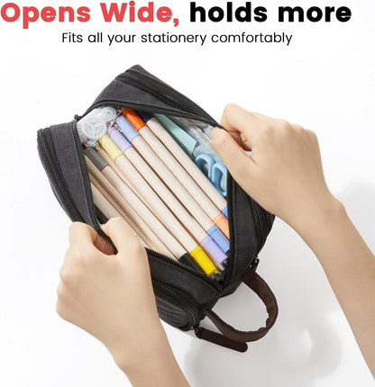 Sooez Large Pencil Case Pouch, Extra Big Pencil Pouch Pencil Bag with PU Handle & Zipper, Sturdy Pen Case with 3 Compartments, Aesthetic School College Supplies Organizer for Men Women Boys, Brown