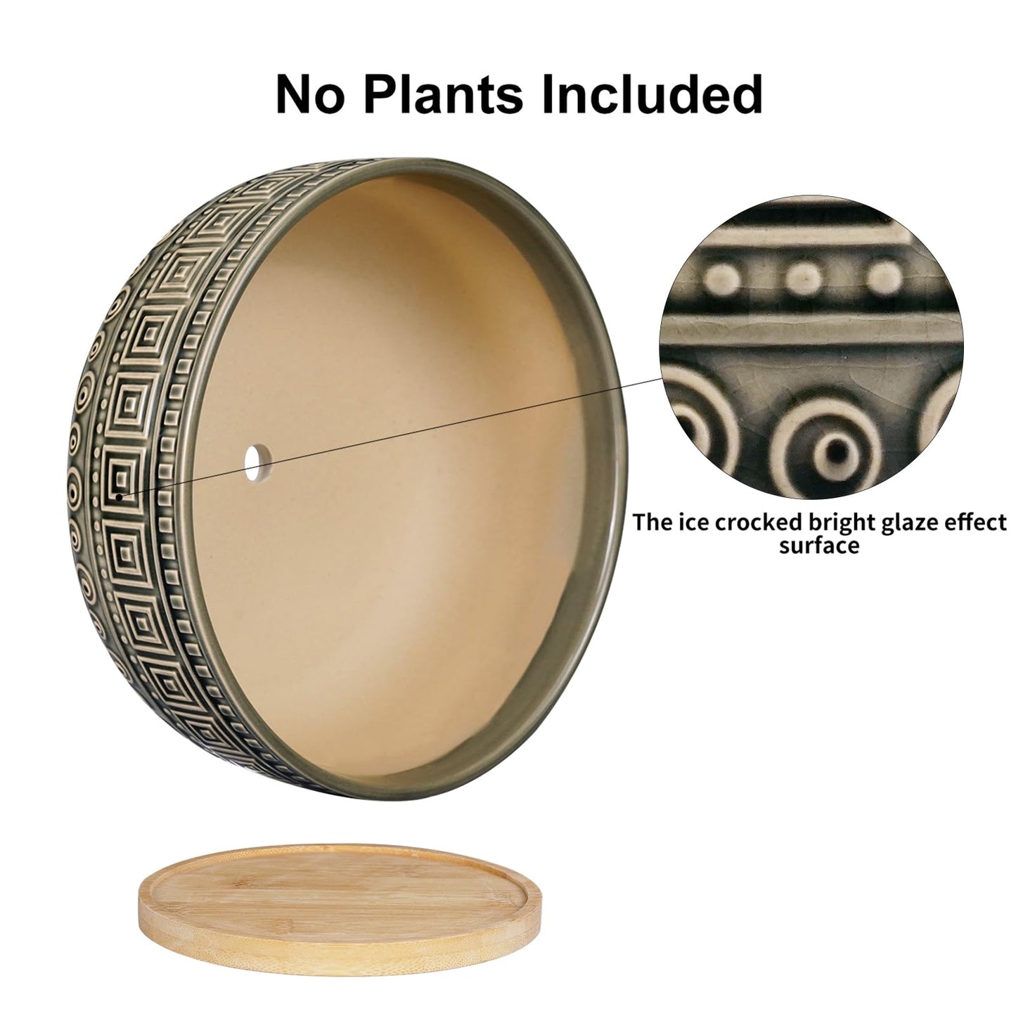 G EPGardening 8 Inch Ceramic Succulent Planter Pots Round Shallow Bonsai Planter Pot for Indoor Plants with Drainage and Bamboo Saucer Gray