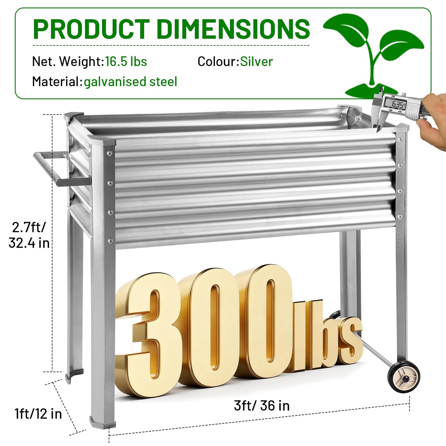 Land Guard 2 Pack Galvanized Raised Garden Bed with Legs & Wheels, 36×12×32in Metal Elevated Raised Planter Box for Backyard, Patio, Balcony, 300lb Capacity, Silver