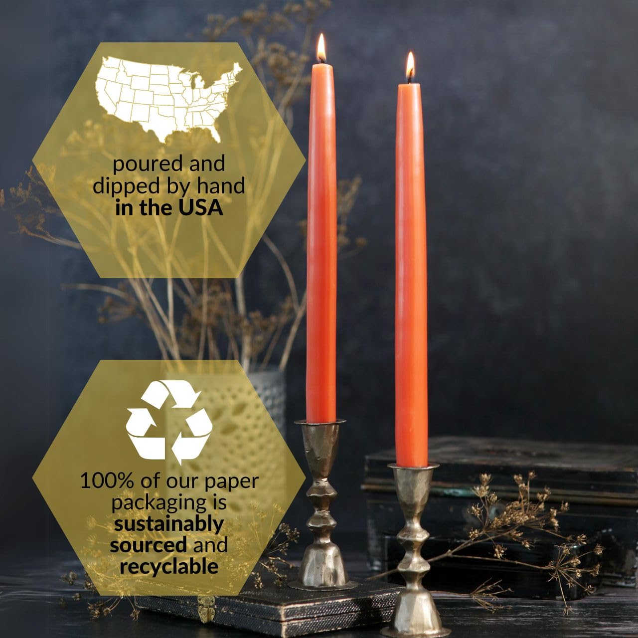 Big Dipper Wax Works Pumpkin Hand-Dipped Beeswax Taper Candles – 12” x 7/8”, 2-Pack, 100% Pure Beeswax, Long Burning, Clean, Cotton Wick, Handmade in USA, Home Décor & Wedding Candles