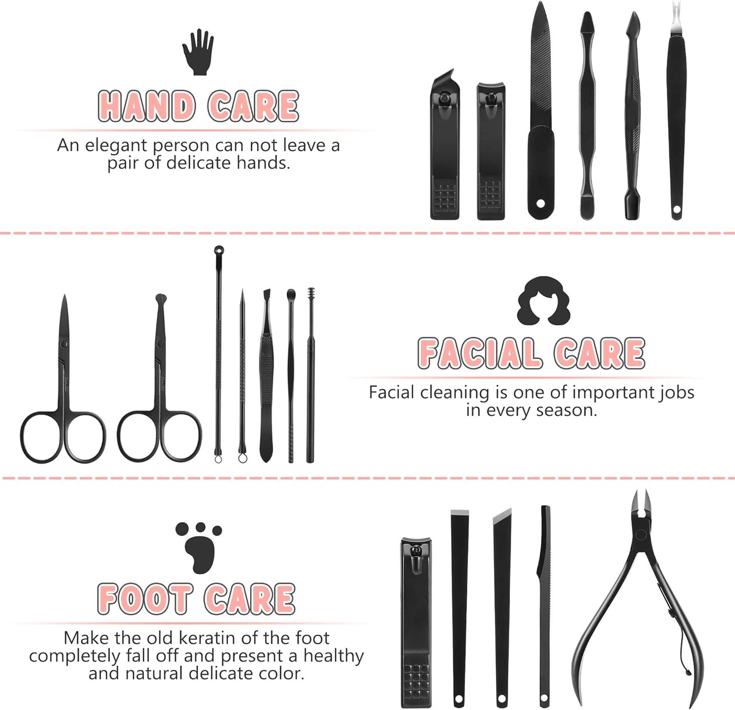 Manicure Set, Jubolion 19pcs Stainless Steel Professional Nail Clippers Pedicure Set with Black Leather Storage Case, Portable Grooming Kit for Travel or Home, Perfect Gifts Women and Men (Black)