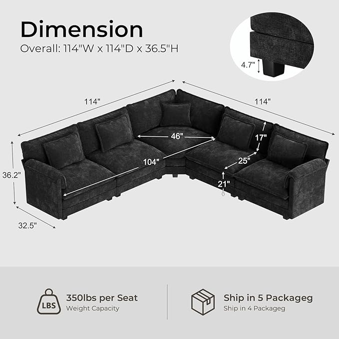 ELUCHANG 114" Oversized V-Shaped Cloud Couch Modular Sectional Sofa