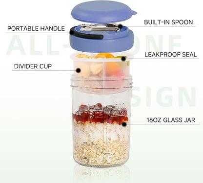 Overnight Oats Containers with Handles & Lids – 16oz Glass Mason Jars with Spoons & Fruit Compartments, Meal Prep Breakfast Jars, 2 Sets (Cream, Dark Blue)