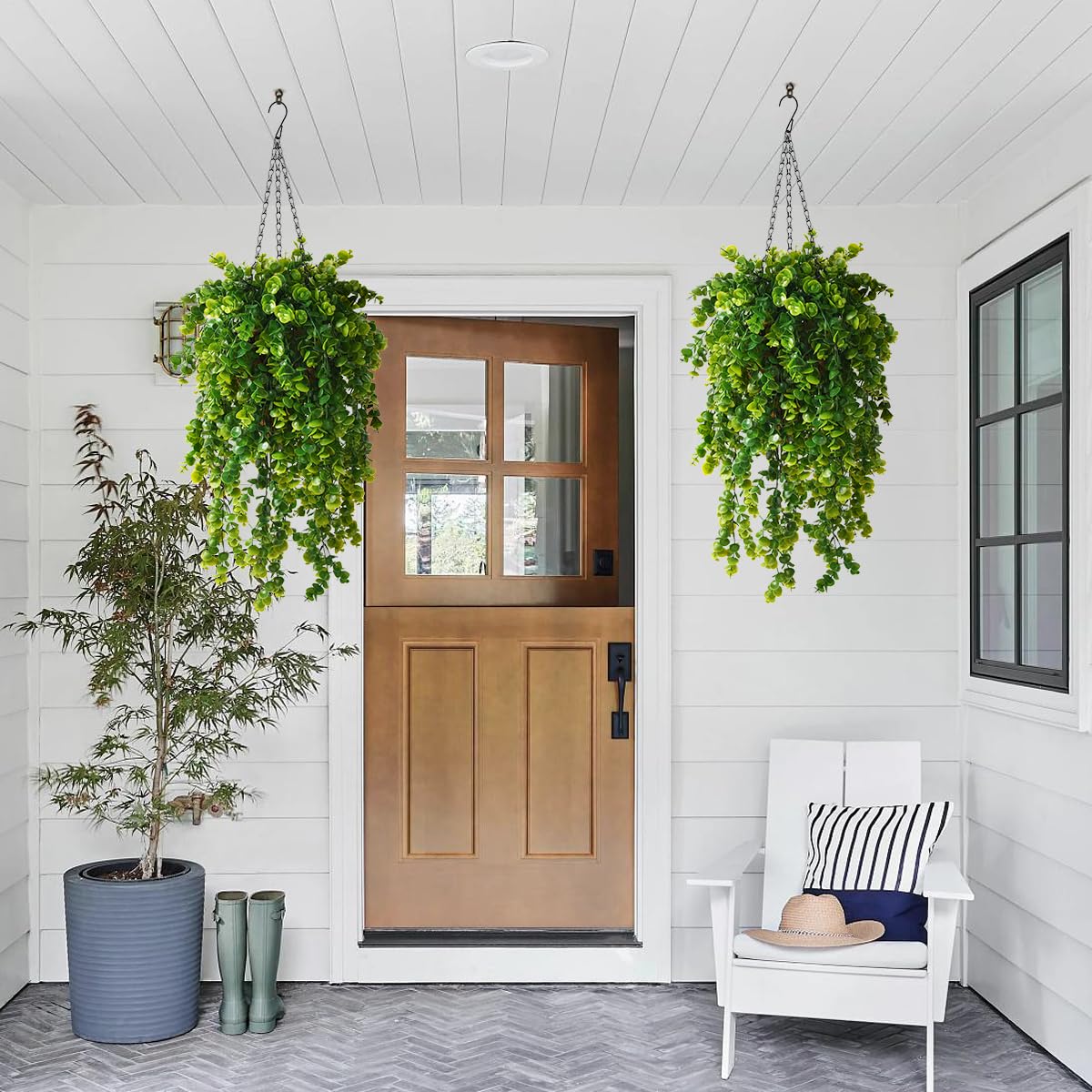 ZFProcess Artificial Faux Hanging Plants Basket for Spring Summer Outdoor Decoration, Fake Eucalyptus Plant UV Resistant Look Real for Outside Porch Home Patio Balcony Yard(Eucalyptus)