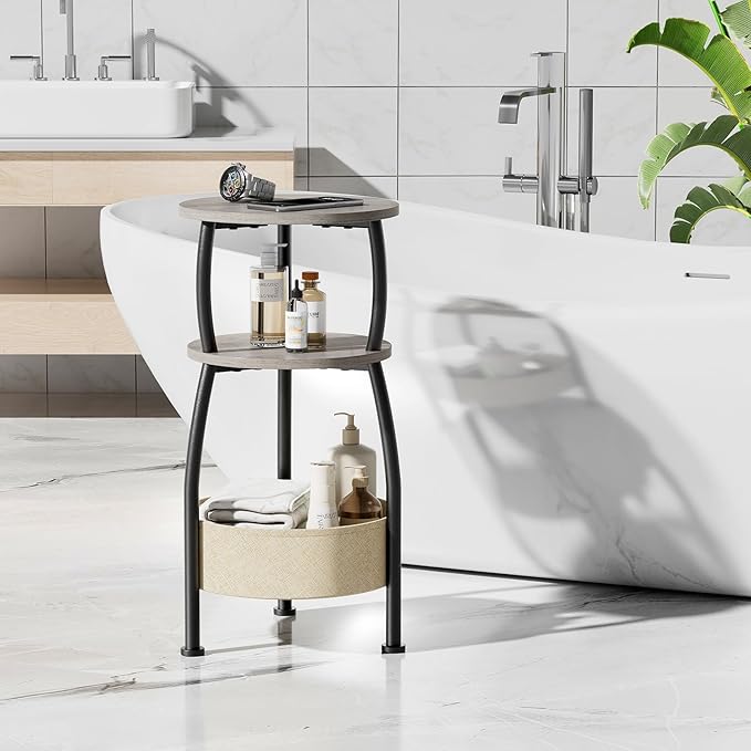 Round Side Table with Storage Basket –Small Space Saving End Table 3-Tier