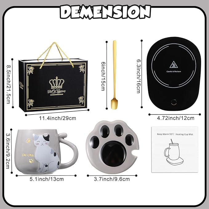 Honeydak Coffee Mug Warmer Cute Cat Mug Set Cup Warmer for Women Heated Coffee Warmers for Mom Home Office Desk Valentine's Day Anniversary Birthday Gifts(Cat,Gray)