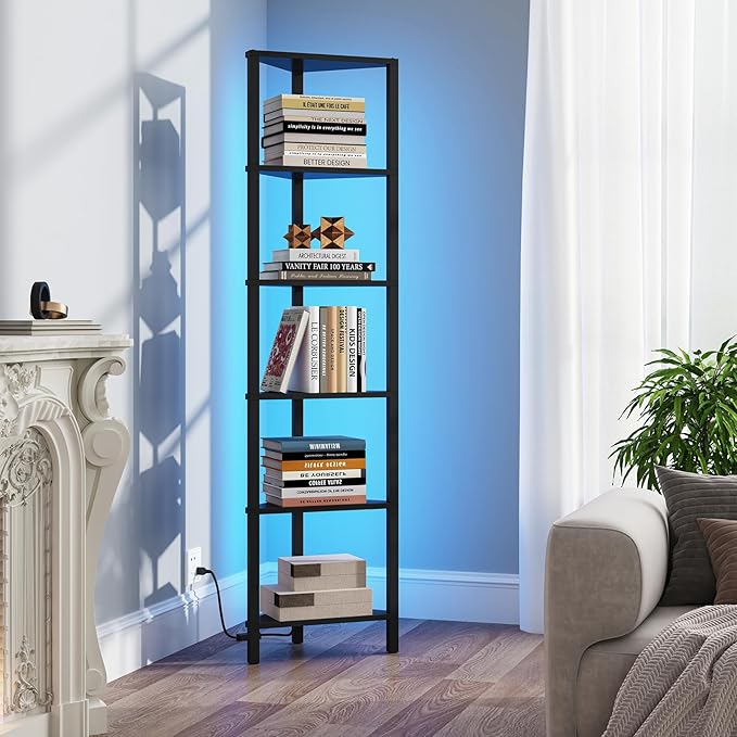 TUTOTAK Corner Shelf with LED Light, 6-Tier Corner Bookshelf