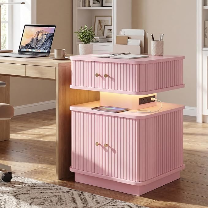 Nightstand with Charging Station, Modern Night Stand with Smart Led Light and 2