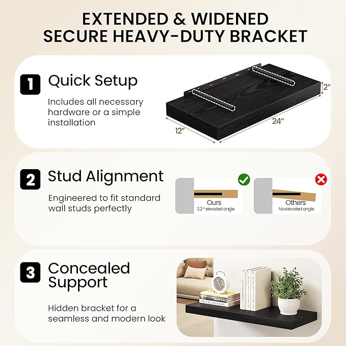 30Inch Black Floating Shelves for Wall, 12 Inch Deep Shelves for Bedroom
