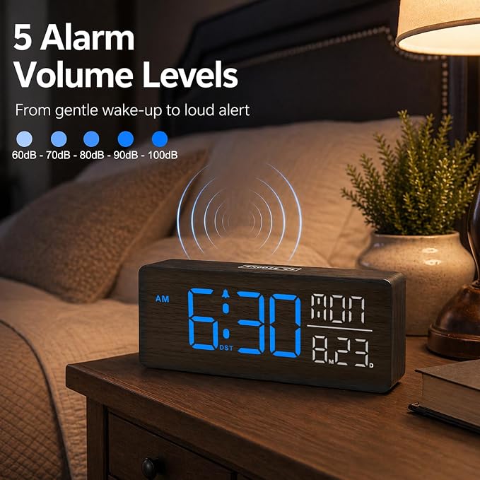 Peakeep Wooden Digital Alarm Clock Large Display, Textured Decoration for Bedroom, Living Room, Plug in Clock with Time Date Day, 5 Brightness, Auto DST