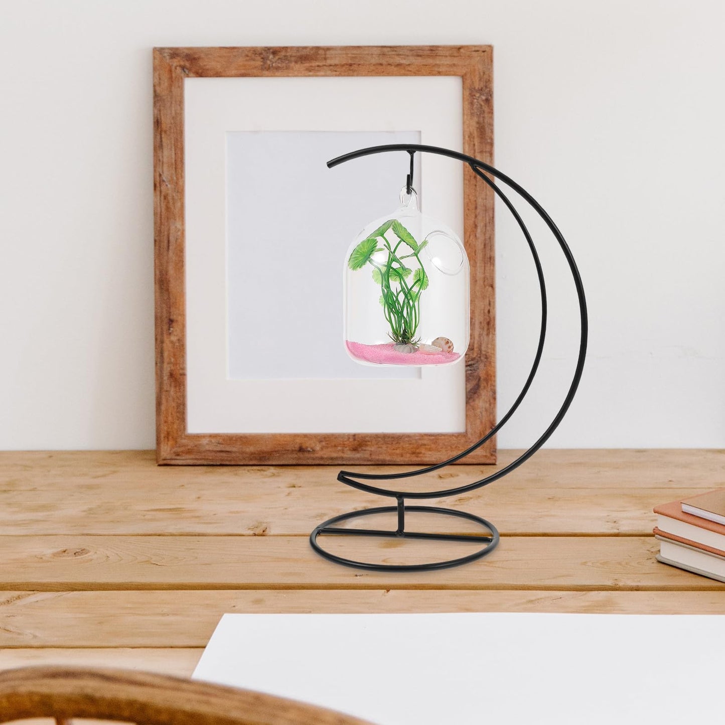 Angoily Moon-shaped Hanging Hook 2pcs Black Metal Air Planter Stand Glass Terrarium Display Holder Flower Pot Hanger for Home Décor and DIY Micro Landscape