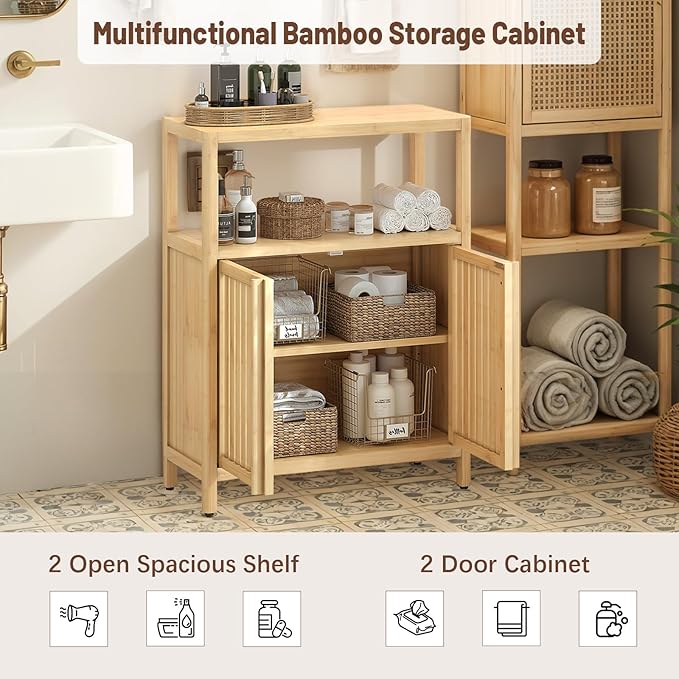 Bamboo Storage Cabinet Bathroom Floor Cabinet Side Storage Organizer Cabinet