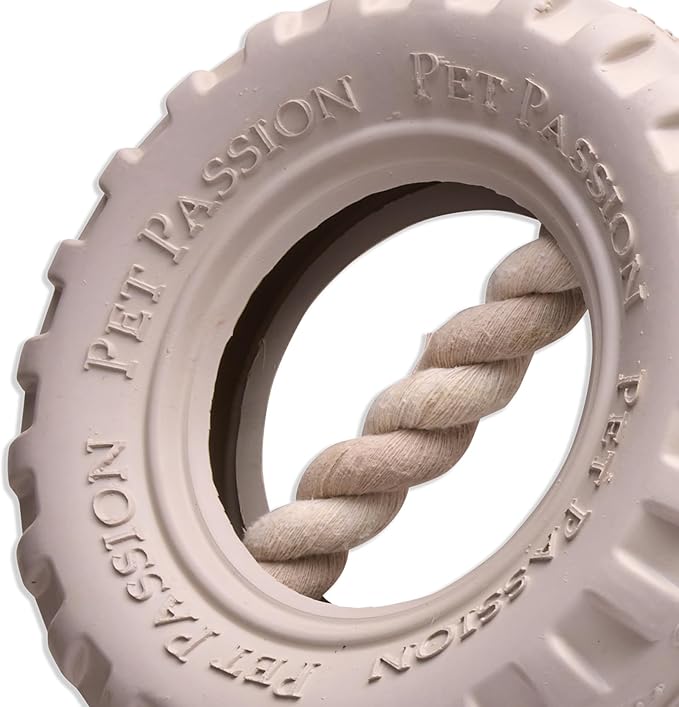 Pet Passion Natural Rubber Tire and Organic Cotton Rope Pull and Chew Dog Toy for All Pet Breeds, Almond Milk, Large