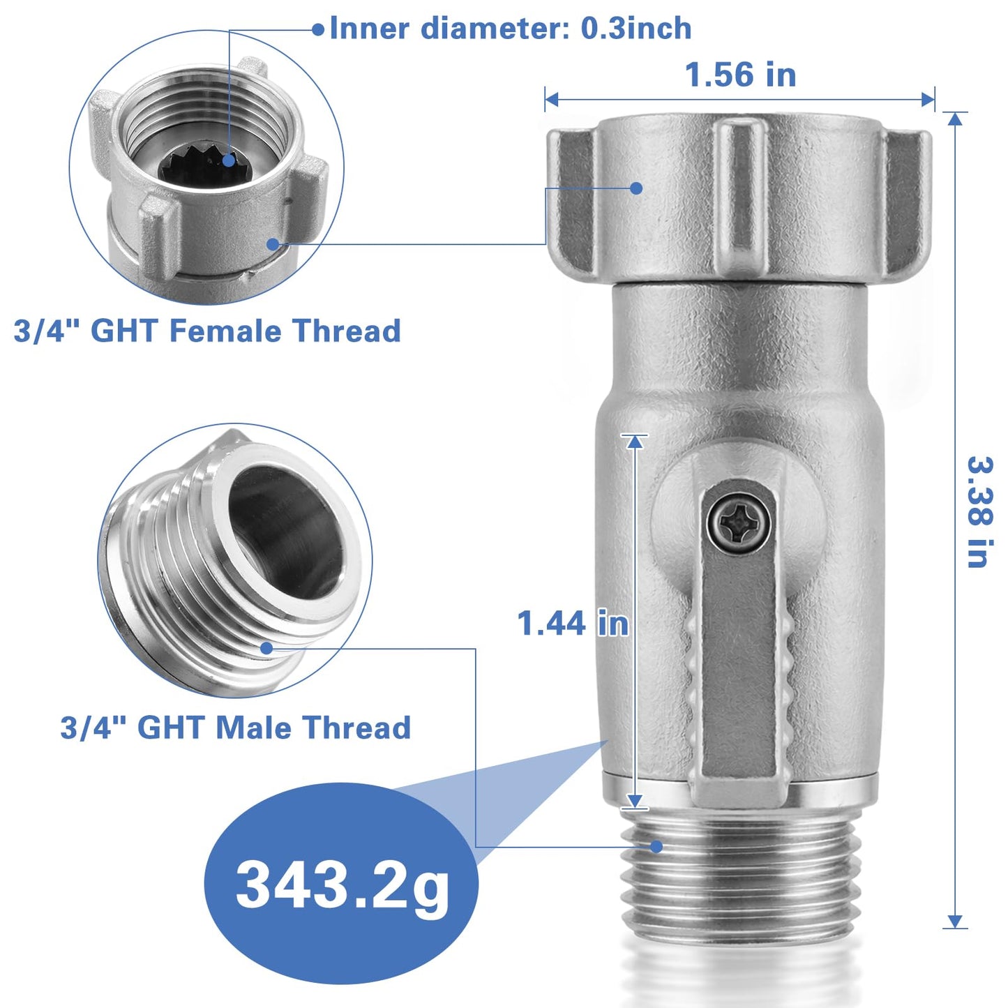Garden Hose Shut Off Valve, 3/4” GHT Heavy Duty Water Flow Control Valve, Easy Turn Large Knob Hose Connector, Leak-Proof Outdoor Hose Shutoff for Garden Watering & Hose Nozzle