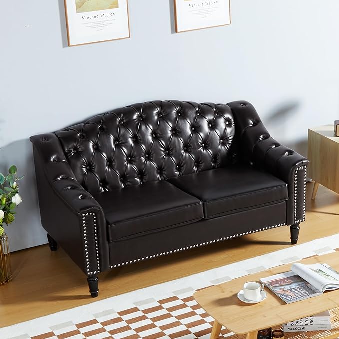 LEVNARY Chesterfield Loveseat Leather, Upholstered Sofa
