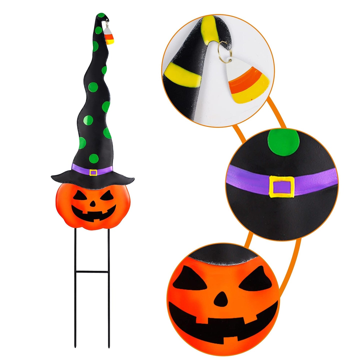 2 Pack Halloween/Thanksgiving Garden Decorations, Metal Jack-O-Lantern Yard Stakes with Witch Hats, Scary Yard Sign Outdoor Lawn Decor, Metal Pumpkin Art Garden Stake,Garden Sculpture Ornament