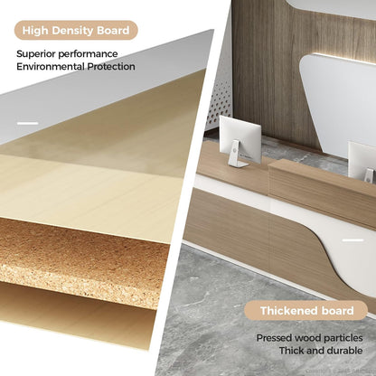 Modern Reception Desk – L Shaped Front Desk Checkout Counter with Drawers, Storage Cabinet and Double-layer tabletop for Office, Salon, Lobby, Cashier (White+Natural/Left, 71"L * 24"W * 39"H)