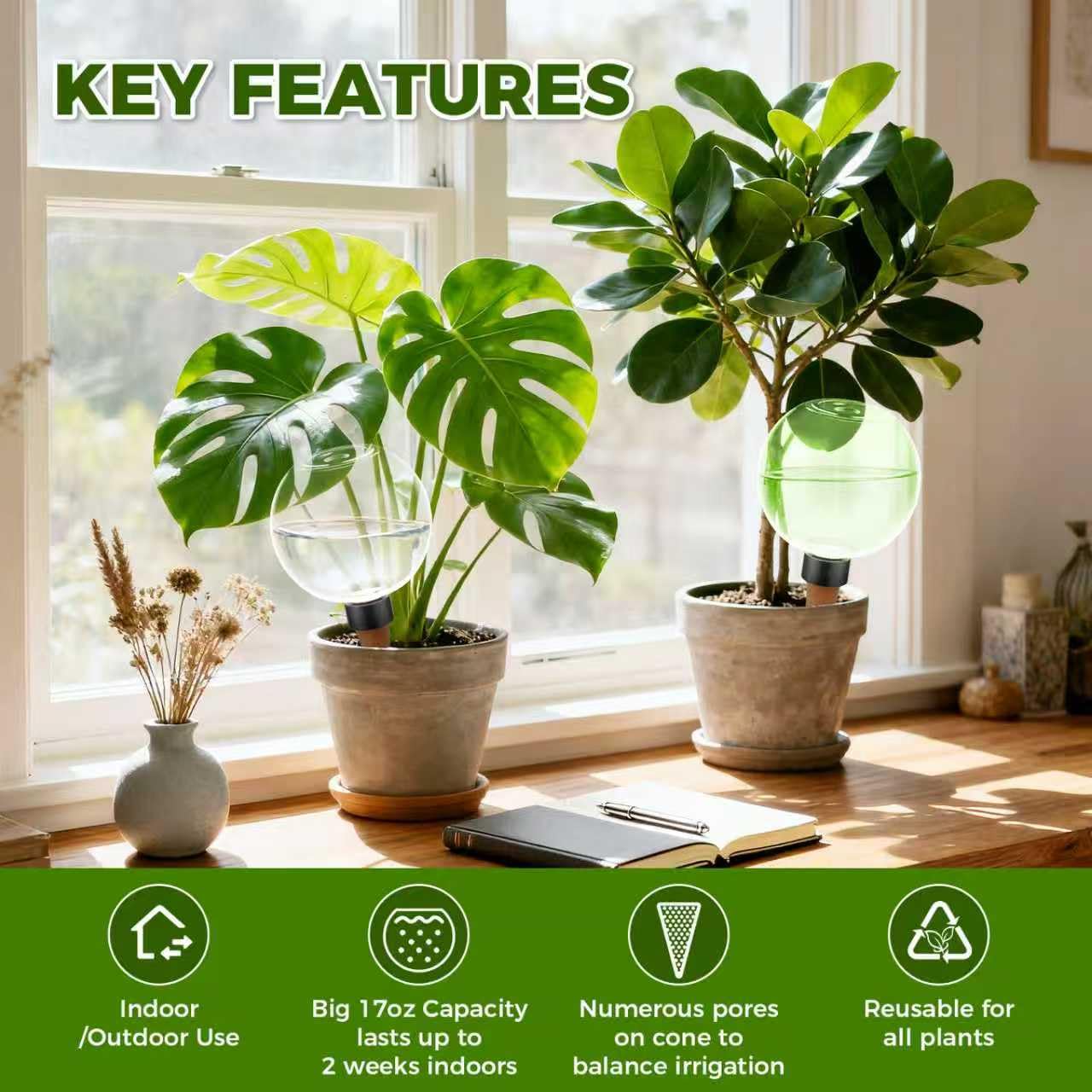 GLOBNGIAO 4 Pcs Self Watering Globes Plastic Automatic Watering Planter for Indoor Plants 17.5 oz drip Irrigation Watering Bulbs with Slow Release Control (Green)