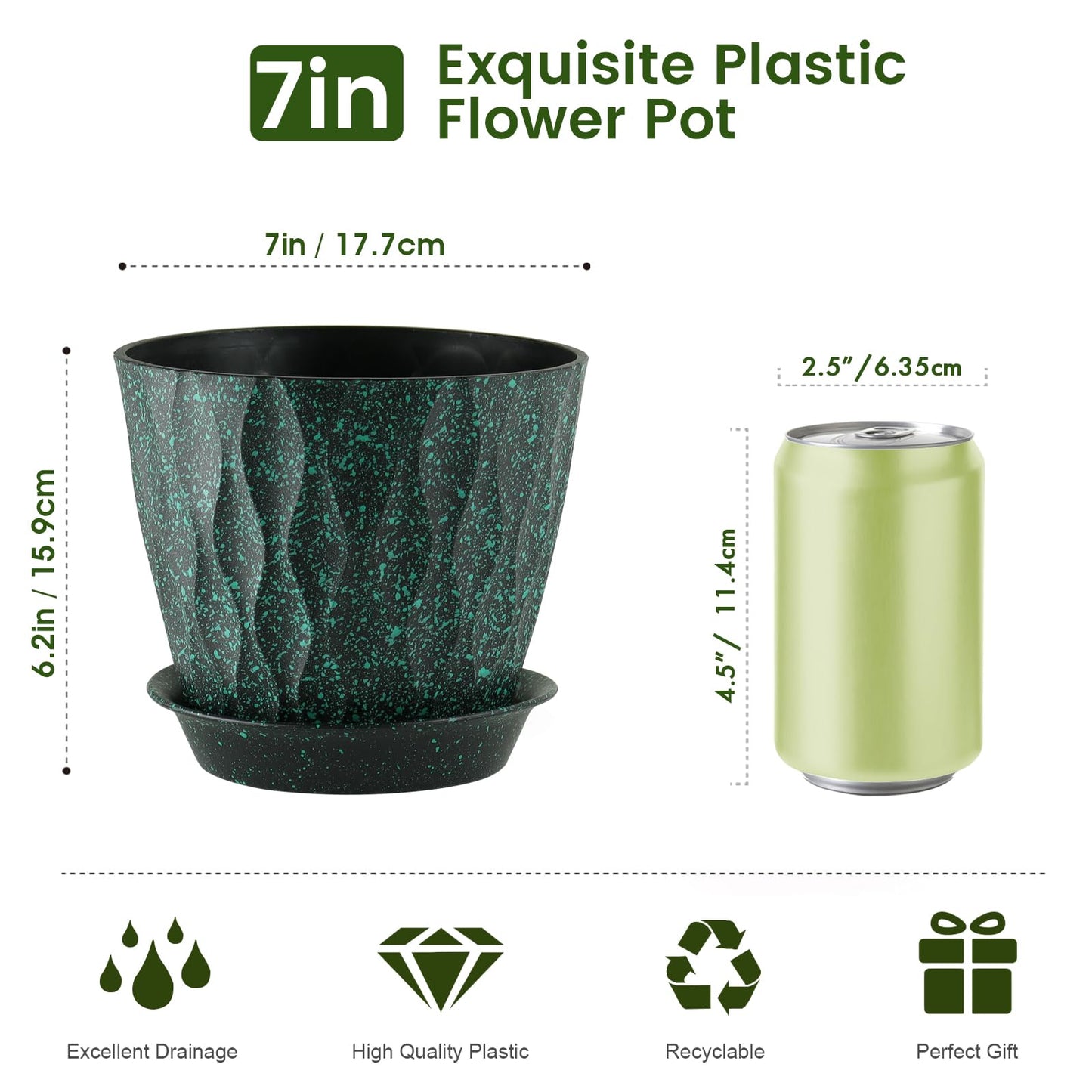 Meowell 7 inch Plant Pots for Indoor Outdoor Plants, 5 Pack Thick Flower Pots with Drainage Holes and Saucers, 3D Modern Wave Texture Plastic Planter Nursery Pots, Black with Green Speckles