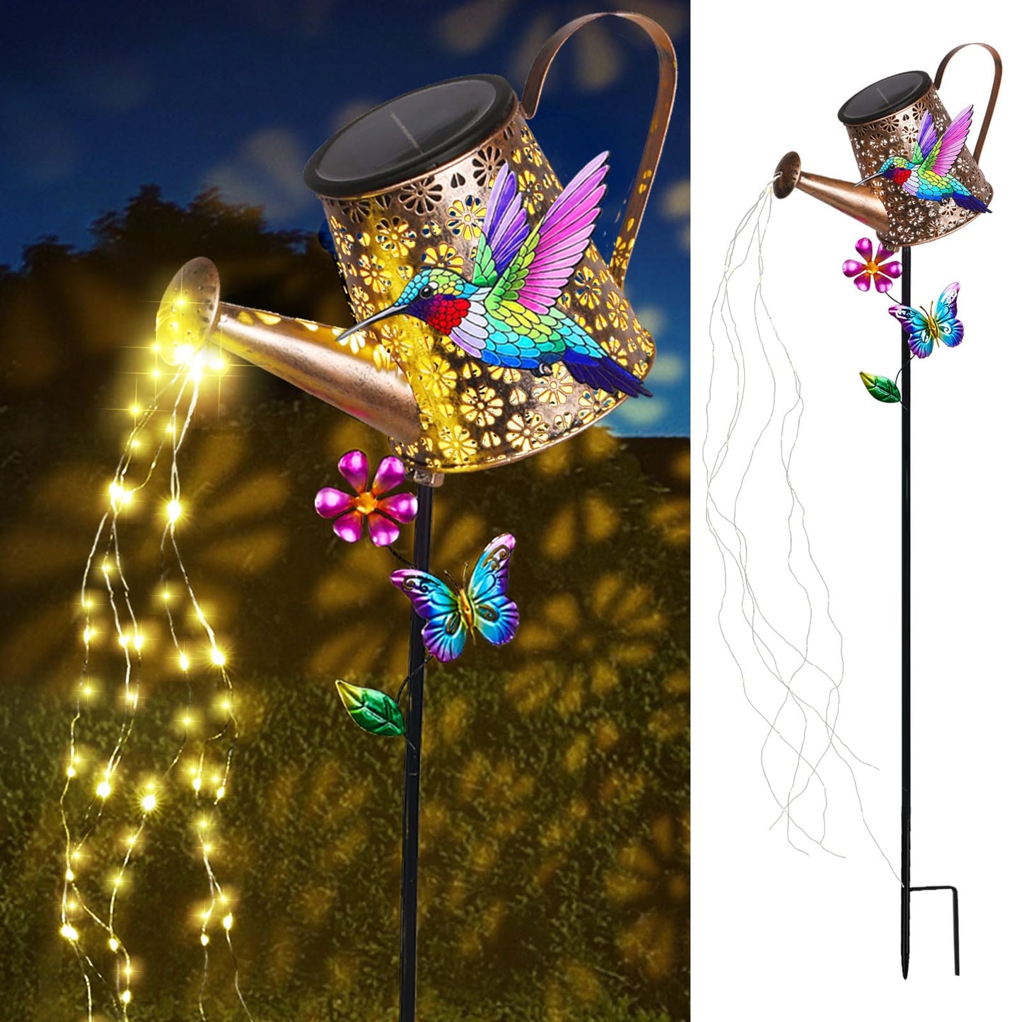 Solar Watering Can with Lights Outdoor Garden, 41in Large Hummingbird Garden Stake Lights, Waterproof Decoration for Yard Lawn Pathway, Gifts for Mom Grandma Women Birthday Gardening Gift