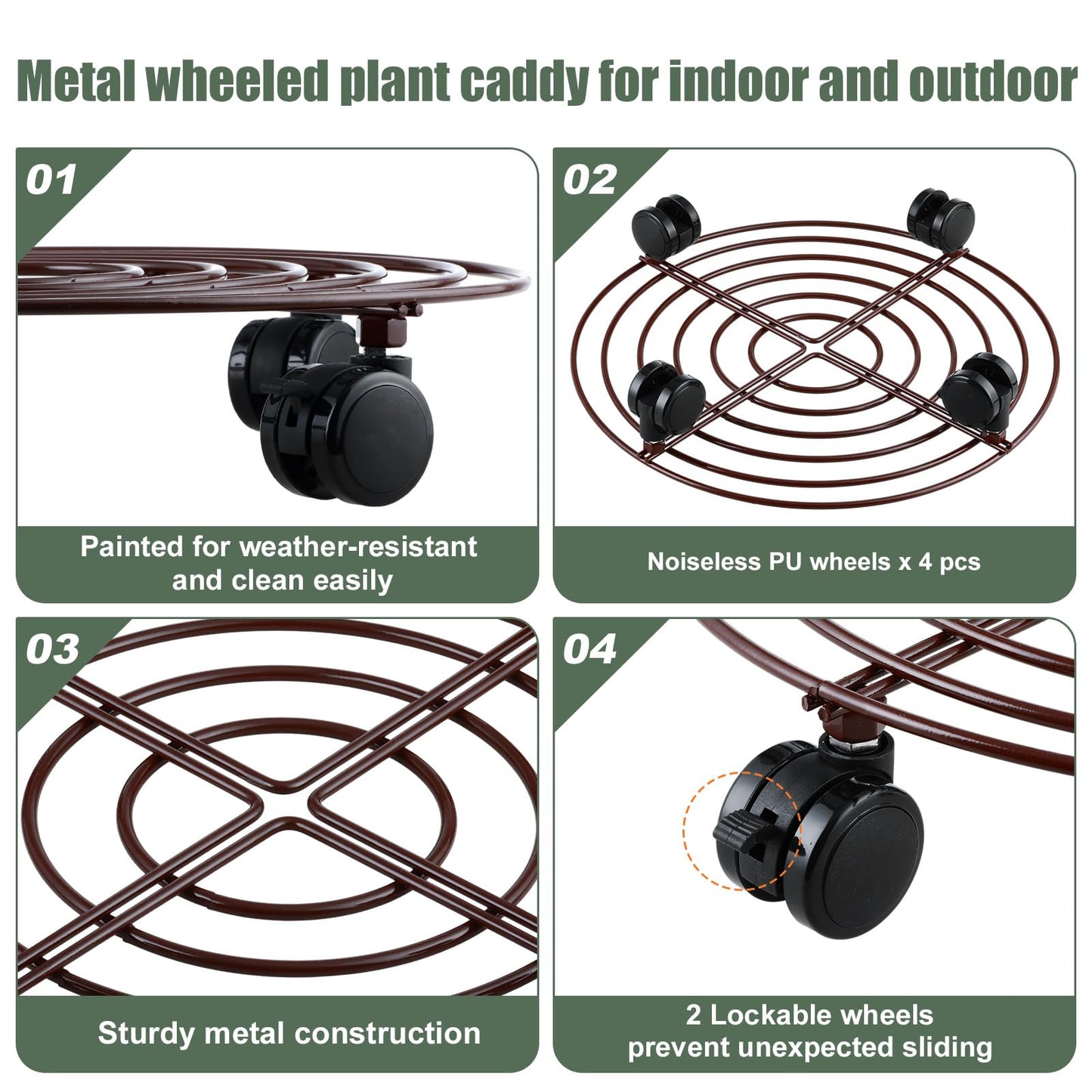 KvyusFlourish 6 Packs Large Metal Plant Caddy with Wheels 13" Rolling Plant Stands Heavy-duty Wrought Iron Plant Roller Base Pot Movers Plant Saucer on Wheels Bronze