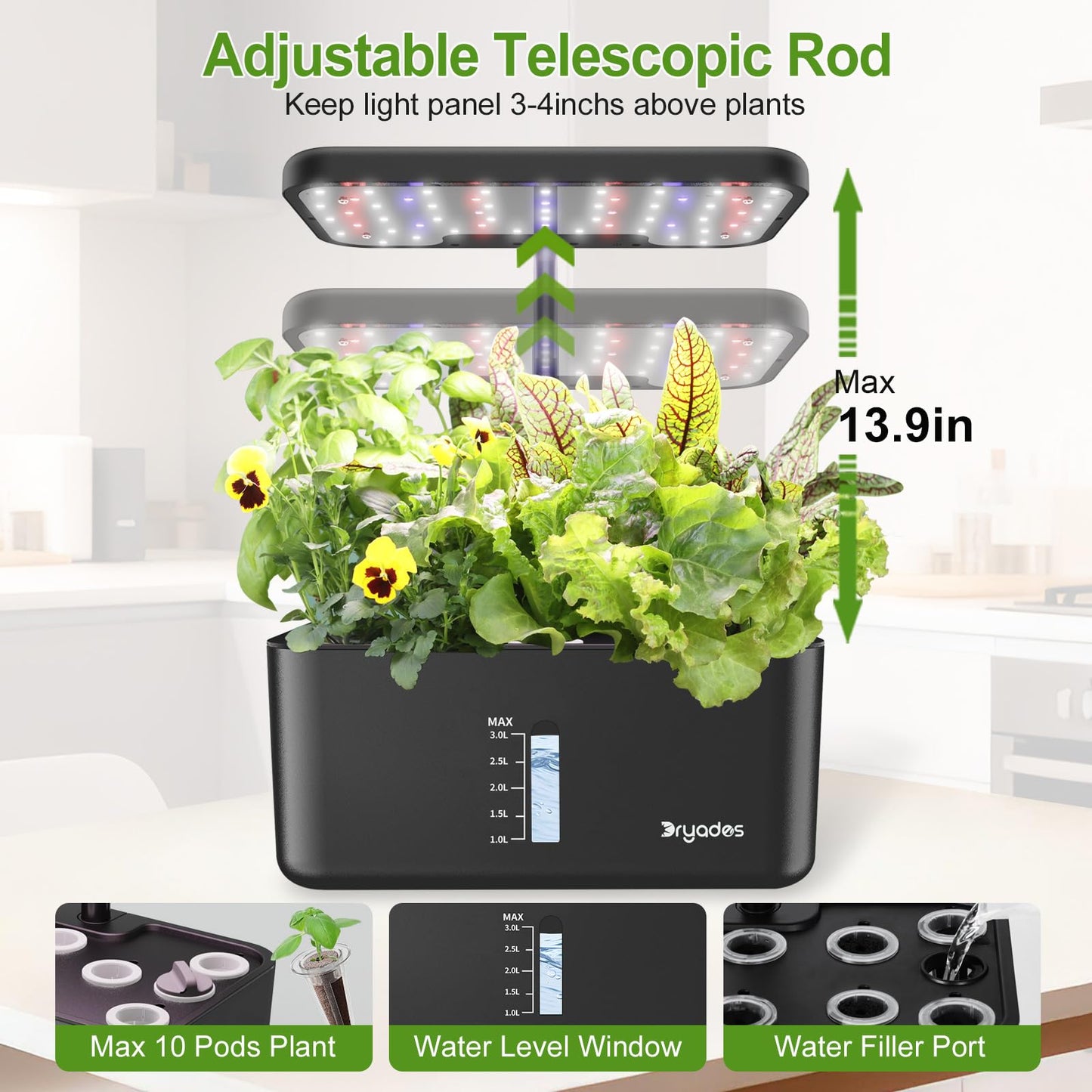 Dryades Hydroponics Growing System Indoor Herb Garden, 10-Pod Indoor Gardening System with 24W Full-Spectrum LED Grow Lights, Quiet Smart Water Pump, Plant Germination Kit for Herbs, Vegetables