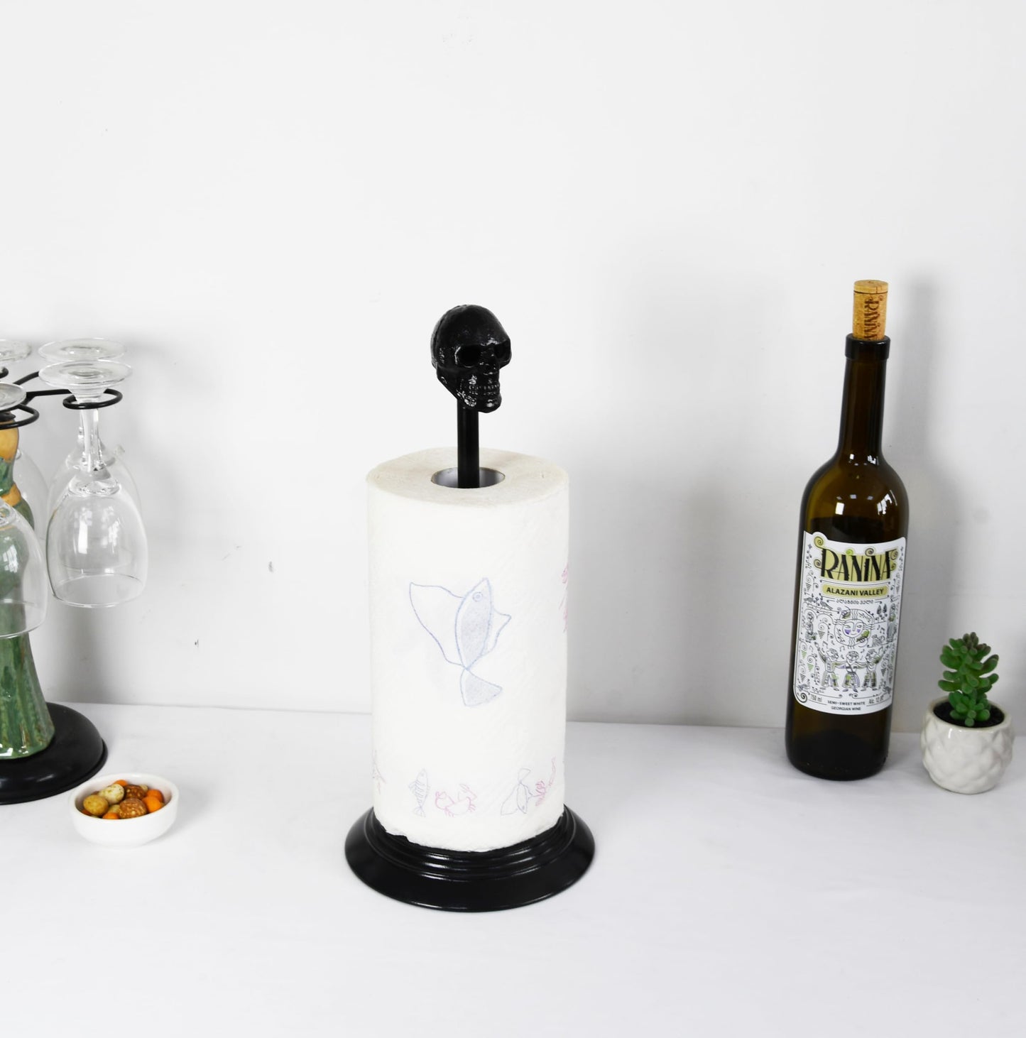 Owlgift Black Skull Paper Towel Holder – Gothic Cast Iron Head, Matte Iron Base, Dark Home & Halloween Kitchen Decor, 14.6” Tall