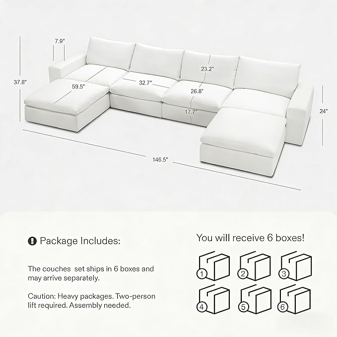 Cloud Couch Sectional 146.5'' Oversized Modular Deep Seat Sofa U Shaped Comfy