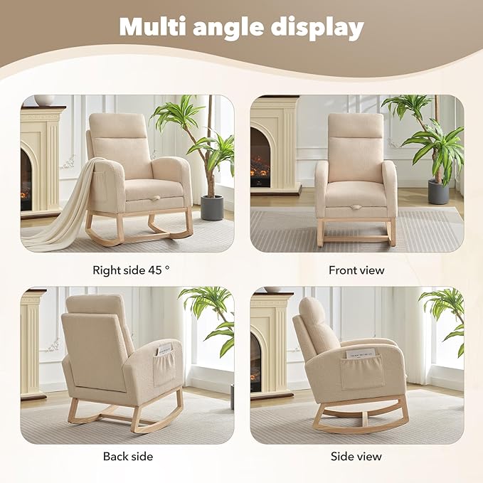 Nursery Rocking Chair with Foot Rest, High Back Upholstered Glider Rocker Chair