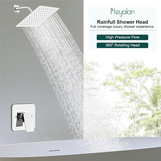 Heyalan Shower Faucet Set with Valve, Bathroom Rainfall Shower System, Wall Mount Single Handle Shower Trim Kit, Rainfall Fixed Shower Head, 8 Inch Square Shower Head,Polished Chrome