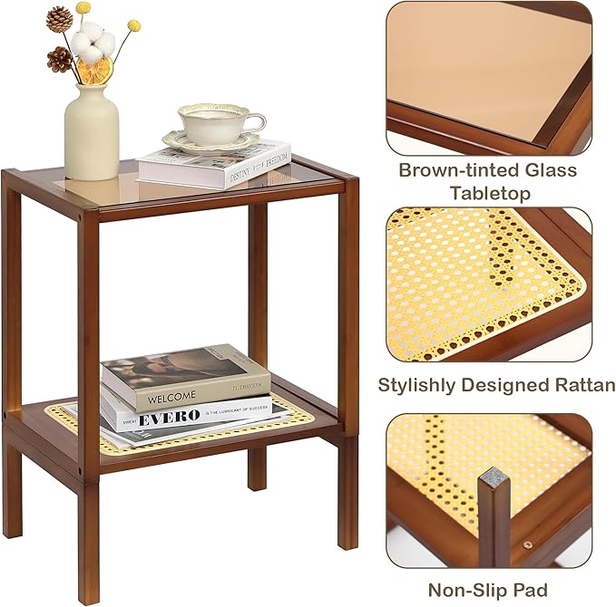 2-Tier Bamboo Side Table, Modern Glasstop Rattan Side Table, Mid Century Wood