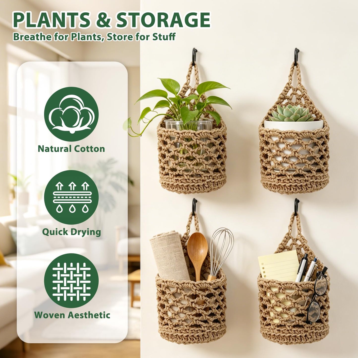 DOODLEBEAN 4 PCS 5-Inch Macrame Wall Plant Hangers, Small Wall Hanging Plant Holder with Hooks, Natural Cotton Rope Hanger for Indoor Plants & Daily Storage, Boho Home Decor