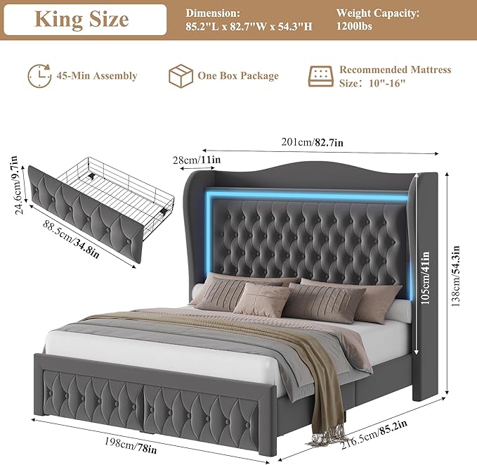 King Bed Frame 55" Tall Headboard