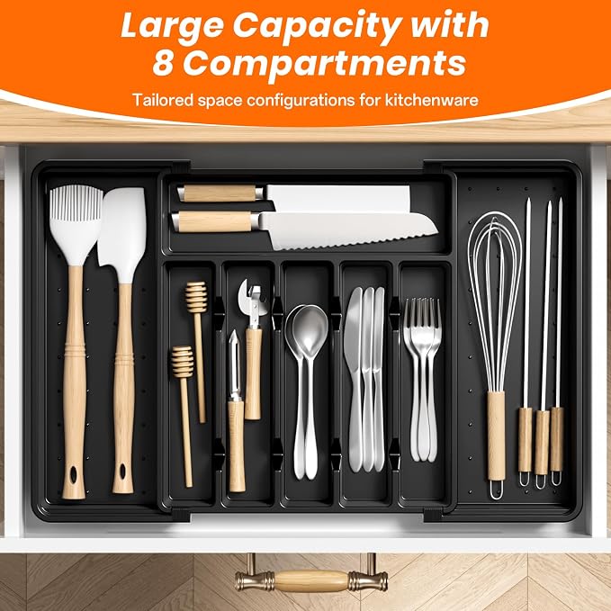 RoomHacks Large Silverware Organizer,Expandable Utensil Drawer Organizer,BPA Free Utensil Holder,Adjustable Silverware Tray Cutlery Drawer Organizer for Kitchen Flatware,Large,Black,2 Pack