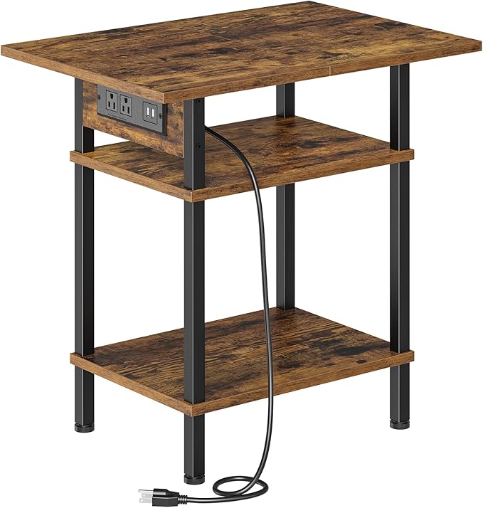 Asgolion Side Table with Charging Station, Skinny Nightstand with USB Ports and