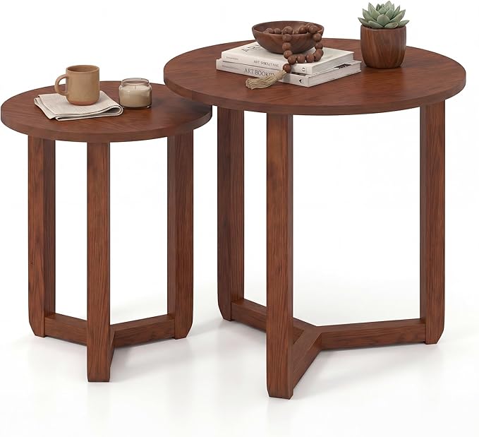 Tangkula Round Nesting Coffee Table Set of 2, Farmhouse End Tables