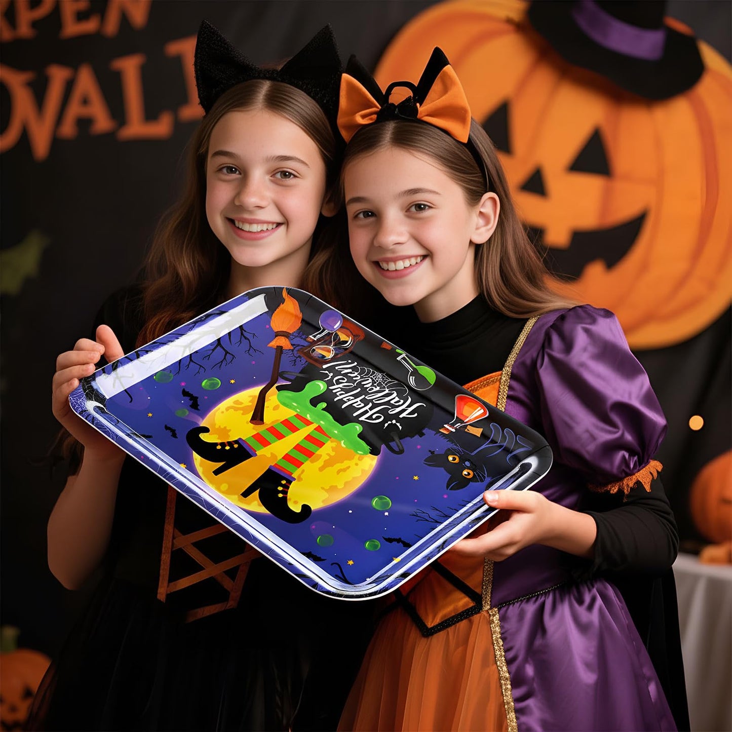 Vesici 4 Pcs 13 x 10 Inch Halloween Serving Trays Set Witch Haunted House Ghost Boo Melamine Platter Reusable Halloween Party Decorations for Trick or Treat Party Serving Food Snacks Cookies Dessert