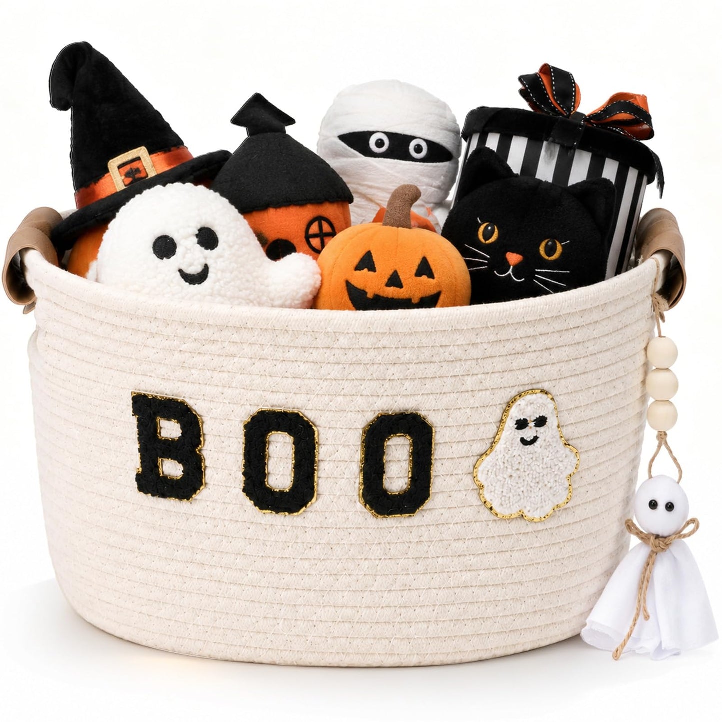 Acellegic Halloween Woven Rope Basket 13 x 8.7 x 7.9 Inch BOO Ghost Decorative Storage Basket with Ghost Pendant Halloween Candy Bowl Trick or Treat Bucket Party Favors for Home Nursery Organizer
