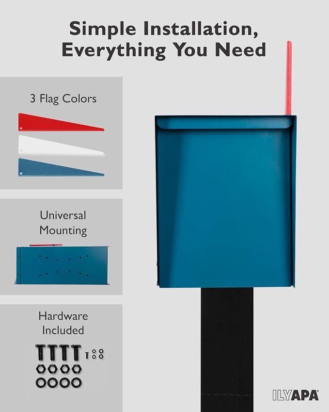Ilyapa Modern Mailbox for Outside Post Mount - Blue Powder Coated Metal Mailbox, Waterproof Letter Box for Parcels, Recessed Magnetic Close Door