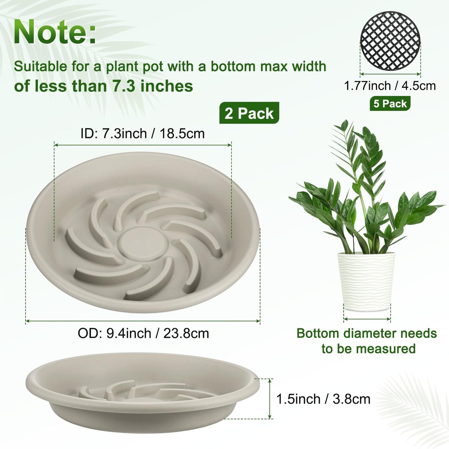 M METERXITY 2-Pack Plant Saucer, 7.3 Inch/ 18.5cm Plastic Plant Trays Thicker for Pots/Indoor/Outdoor/Water Drainage and Protection, Flowerpot Drip Tray [Grayish White]