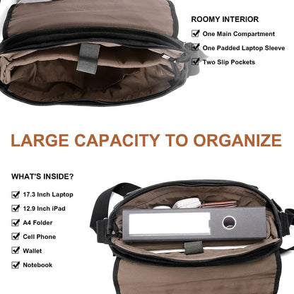 ESTARER Messenger Bag 17-17.3 Inch, Men's Computer Bag Water-resistant Canvas, Teacher Laptop Satchel for Work Office College, Dark Grey