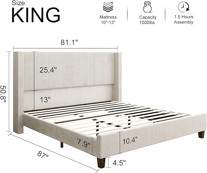 HOWE King Size Bed Frame with 50.8" Tall Wingback Headboard, Modern Corduroy