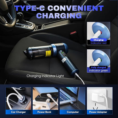 Saker Car Vacuum Portable Cordless 20000Pa Suction Power 4 in 1 Handheld Vacuum with LED Light Type-C Portable Mini Vacuums for Valentine's Day Gifts Car, Home, Office, Pet HL157 Blue