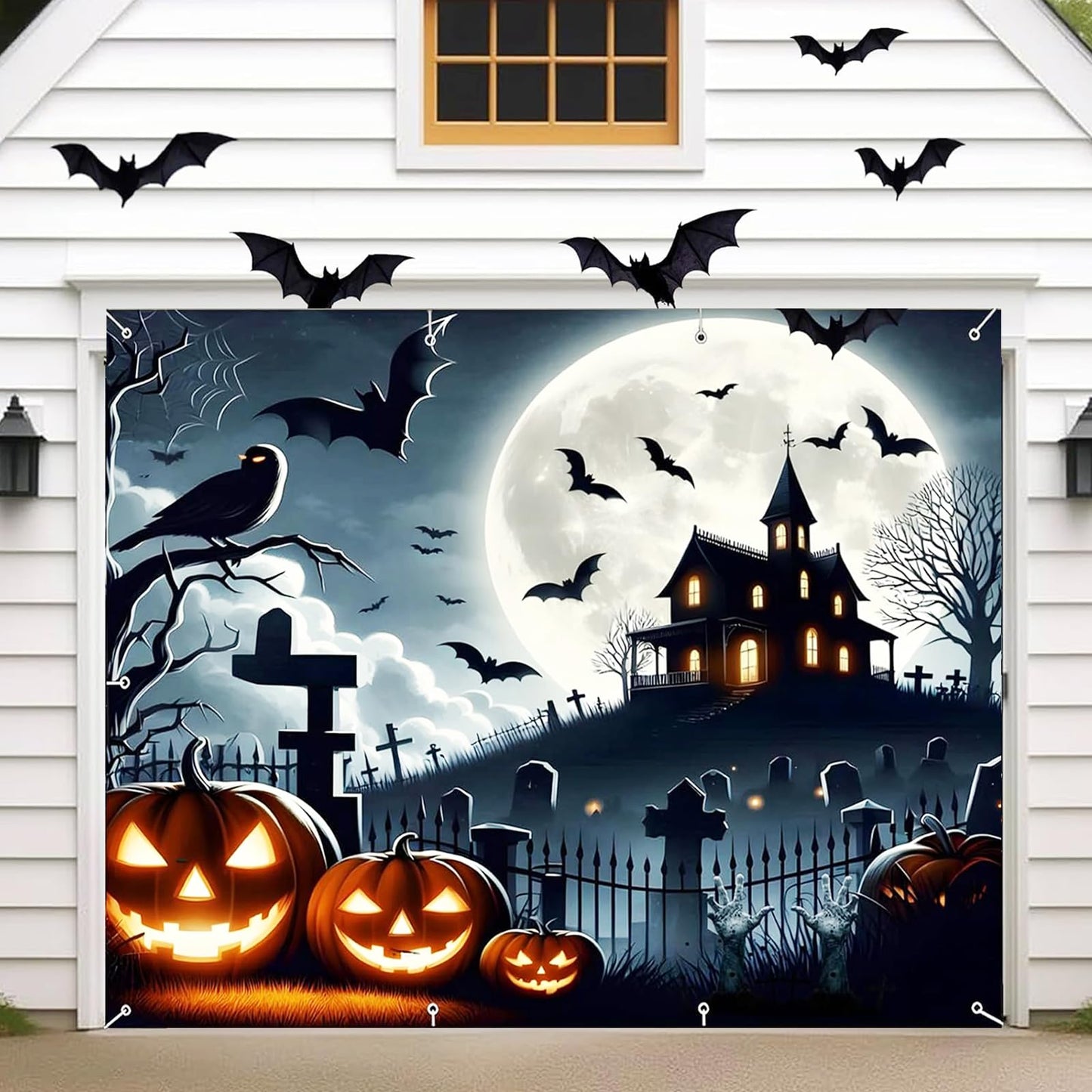 Halloween Garage Door Decorations 7 x 8 Ft Hanging Backdrop Horror Moon Night Halloween Garage Door Cover Scary Cemetery Pumpkin Banner Photo Background for Home Spooky Party Wall Window Yard (Black)