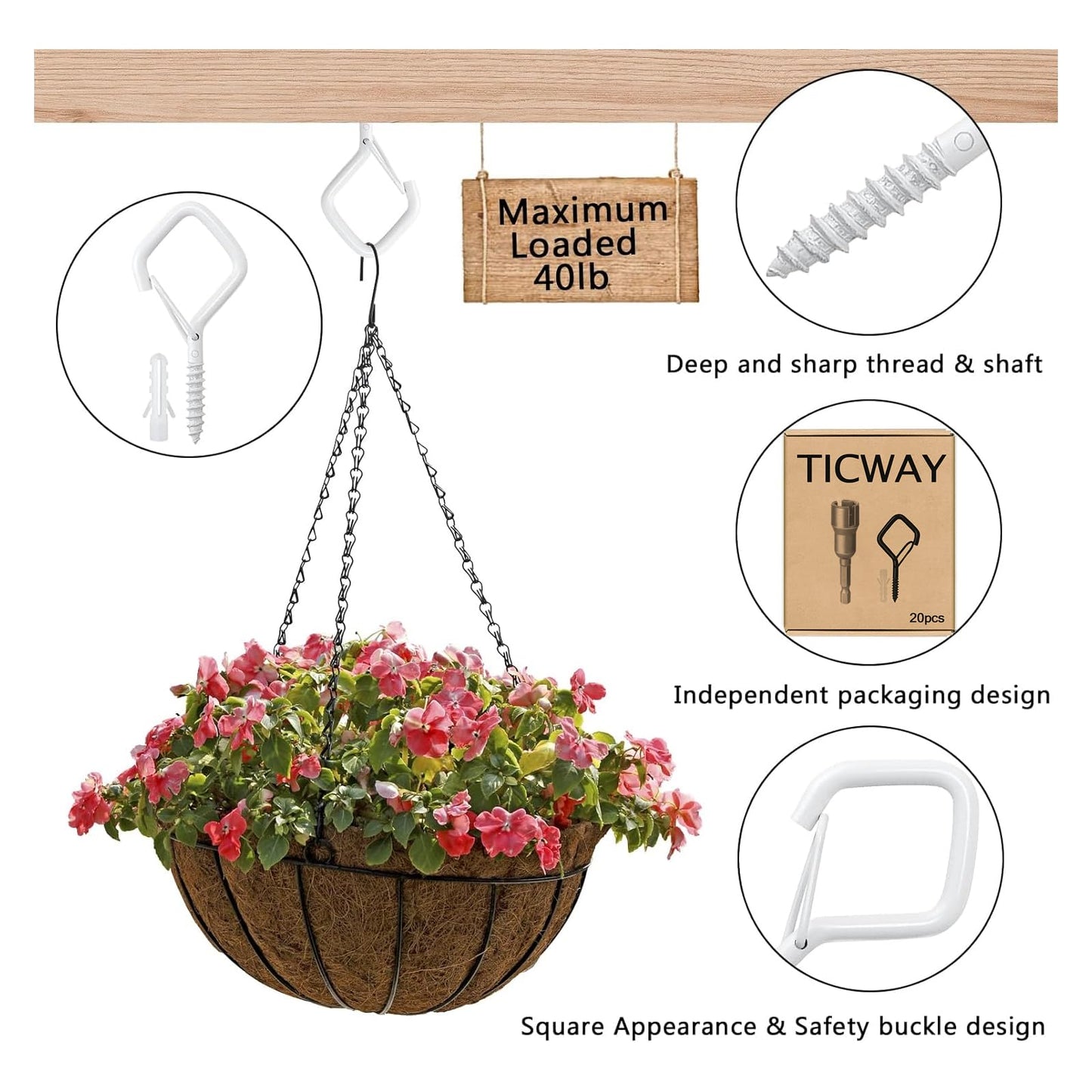 Ticway 20 PCS Q-Hanger Hooks for String Lights, Ceiling Hooks for Hanging Plants, Wind Chimes, Bird Feeders, Lanterns, Christmas Decorations (Square Hanger)
