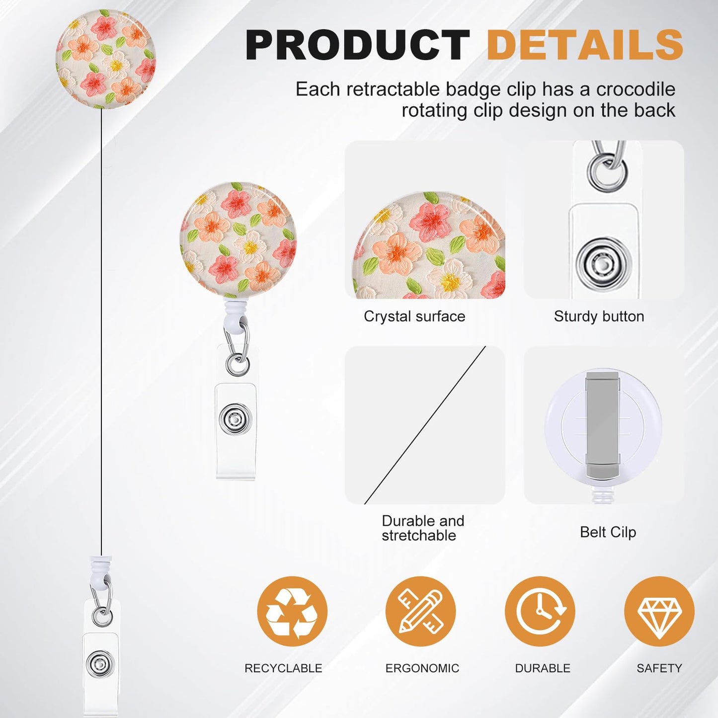 3Pcs Heavy Duty Badge Holder with Retractable Reel, Flower ID Badge Holder with Clip Badge Reels Retractable Heavy Duty,ID Holder for School Nurse Office 7