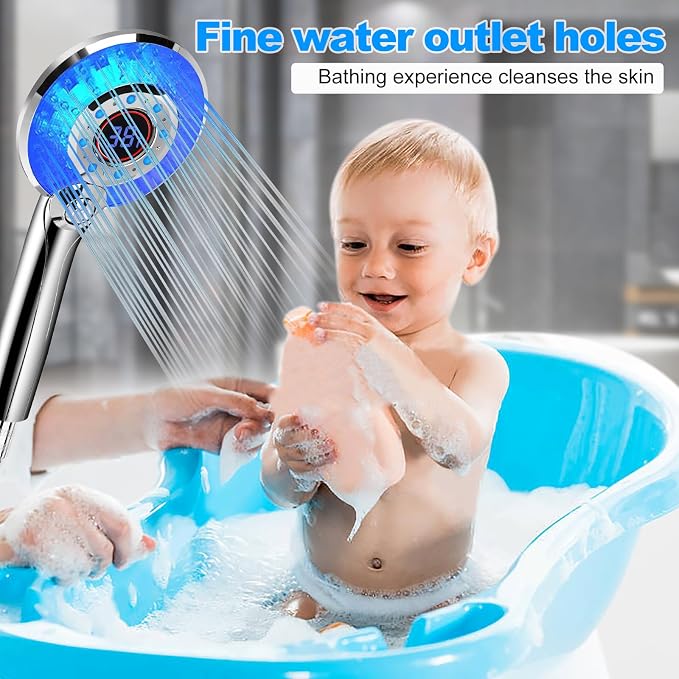 LED Shower Head Color Changing, Handheld Shower Head High Pressure with Hose, Water Saving Spray Showerheads, Discoloration Warning, Water Temperature Display, 3 Spray Modes, Easy to Install, ‎Chrome