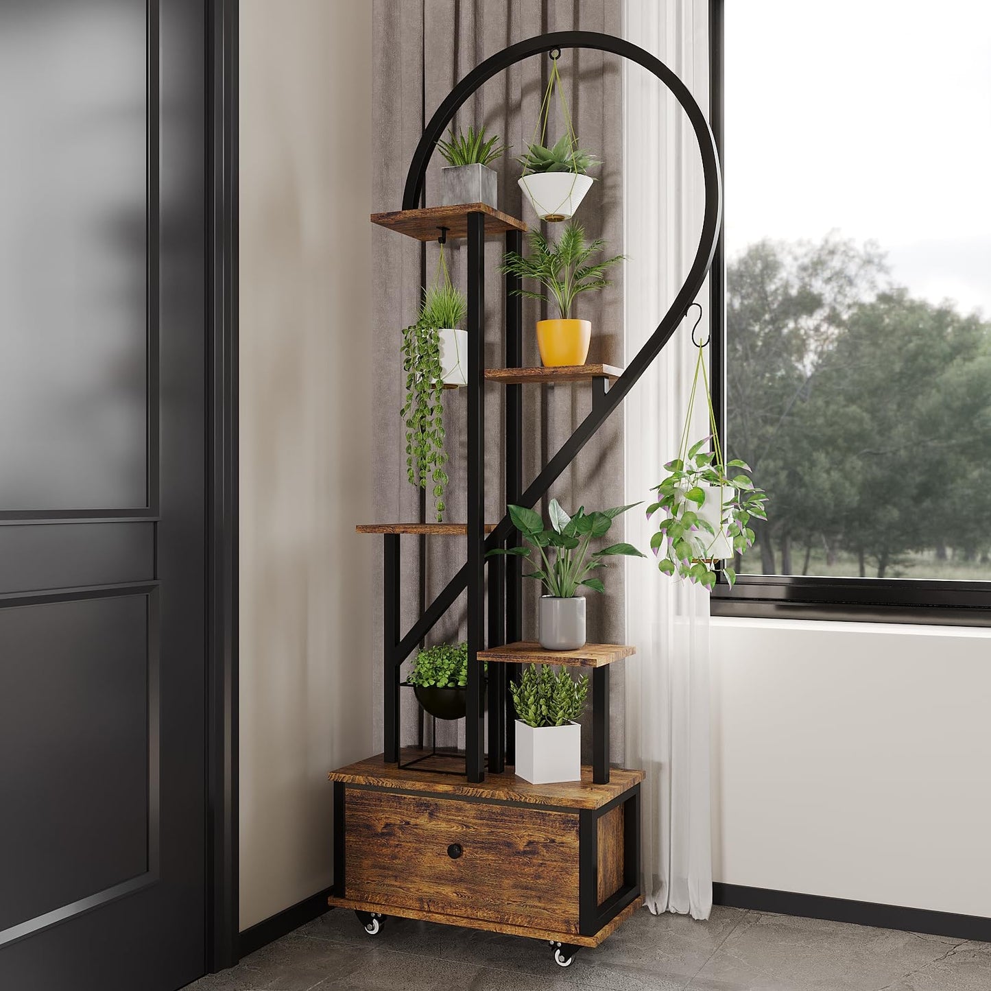 Heart Shaped Indoor Plant Stand with Rolling Storage Cabinet & Drawer, Multi-Tier Plant Shelf with Hanging Hooks & Casters for Home Office Living Room Patio Balcony, Rustic Brown, 2 Pack